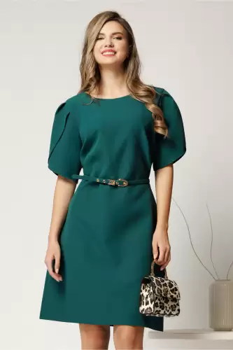 Rochie scurta verde din stofa cu maneci tip lalea si curea in talie