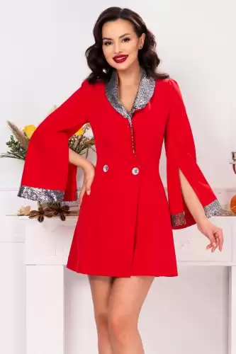 Rochie Stefany rosie cu guler si mansete din paiete argintii