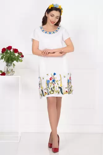 Rochie traditionala alba din in brodata cu flori multicolore