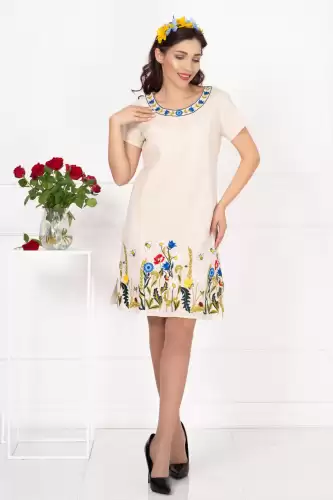 Rochie traditionala din in brodata cu flori multicolore