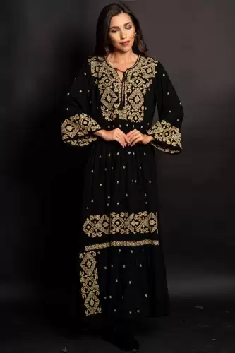 Rochie traditionala neagra Gina lunga cu broderie bej