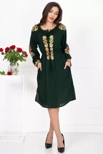 Rochie traditionala verde Fenicia cu broderie florala aurie
