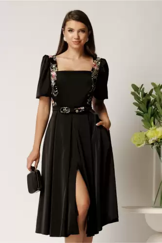 Rochie Valeria midi neagra din satin cu broderie florala si paiete la bust
