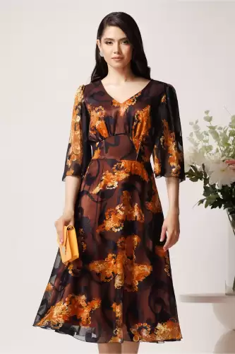 Rochie Viada din voal negru cu dublura maro si imprimeuri