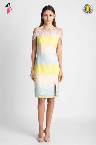 Rochie Xara de ocazie de lungime midi cu paiete si pene