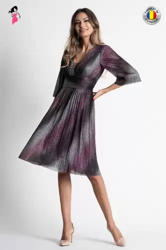 Rochie Xara de ocazie din lurex plisat gri cu roz