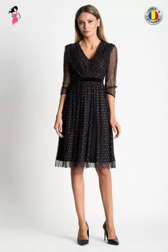 Rochie Xara de ocazie midi din tulle plisat cu buline aurii