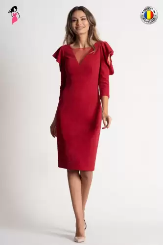 Rochie Xara de ocazie rosie cu fir metalic in tesatura de lungime midi