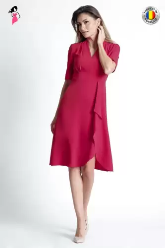 Rochie Xara eleganta din sfofa cu fusta petrecuta si pliu fluid