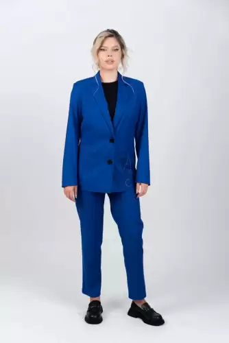 Sacou albastru cu buzunare laterale si imprimeu