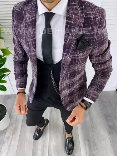 Sacou barbati in carouri slim fit grena B4980 111-5