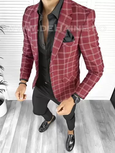 Sacou barbati slim fit grena in carouri B8332 29-4.1 E 46-1.2 ~
