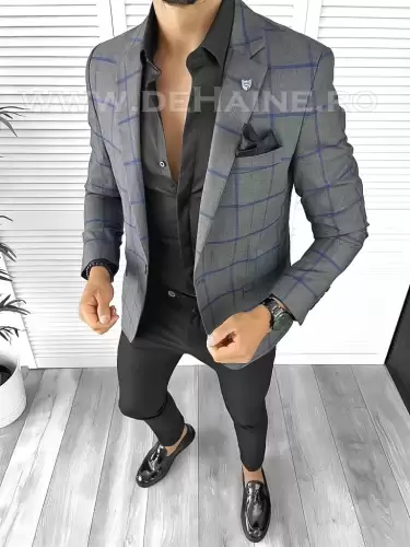 Sacou barbati slim fit gri in carouri B8279  P20-3.3