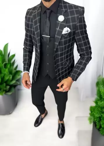 Sacou barbati slim fit negru in carouri 929 12-5.1