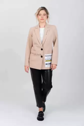 Sacou bej casual cu imprimeu si buzunare laterale