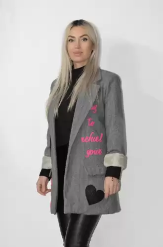 Sacou casual drept gri cu imprimeu colorat