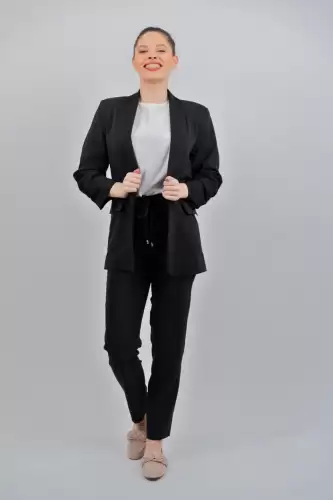 Sacou casual negru cu pliuri la maneci si revere tip sal