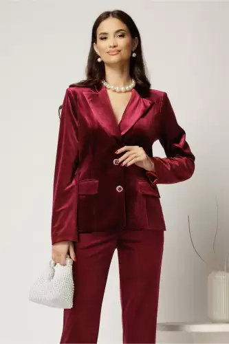 Sacou elegant din catifea bordo si inchidere cu doi nasturi