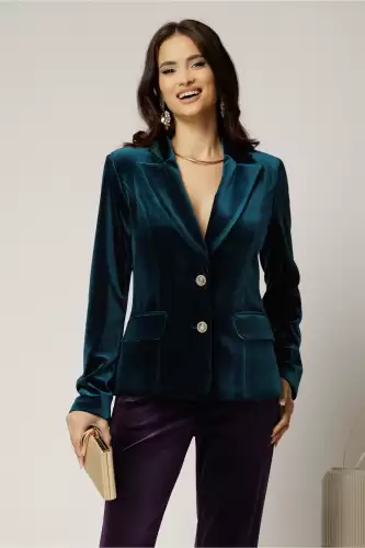 Sacou elegant din catifea turcoaz si inchidere cu doi nasturi