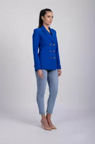 Sacou LaDonna cambrat albastru accesorizat cu nasturi metalici