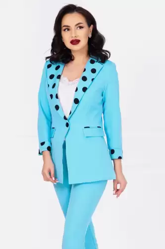 Sacou office baby blue cu mansete si rever cu buline
