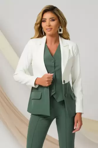 Sacou office Pretty Girl ecru-verde prafuit cambrat cu nasturi imbracati