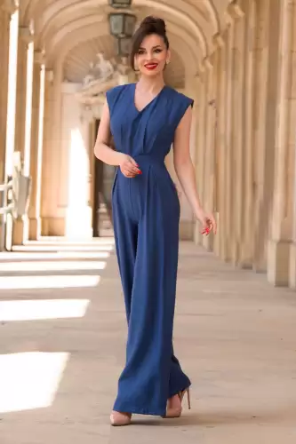 Salopeta bleumarin lejera din vascoza cu pantalon evazat