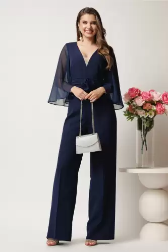 Salopeta DY Fashion bleumarin cu pantaloni evazati si floare in talie