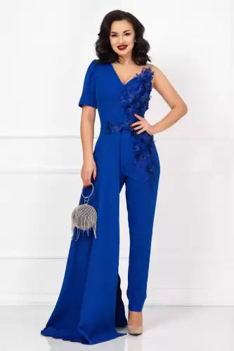 Salopeta eleganta albastru royal cu trena si flori 3D