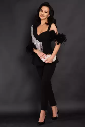 Salopeta eleganta Briseida din stofa cu franjuri din paiete argintii