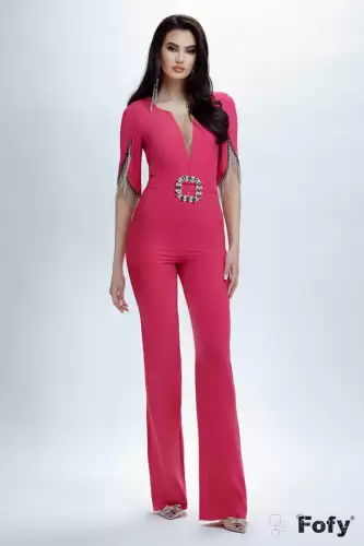 Salopeta eleganta cu franjuri si pantalon lung evazat