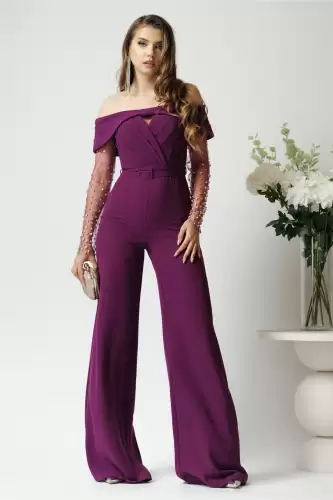 Salopeta eleganta din crep mov cu maneci din tull cu strasuri