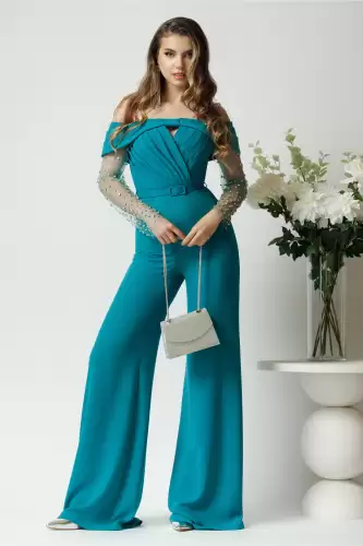 Salopeta eleganta din crep turcoaz cu maneci din tull cu strasuri