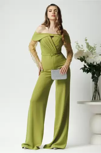 Salopeta eleganta din crep verde crud cu maneci din tull cu strasuri