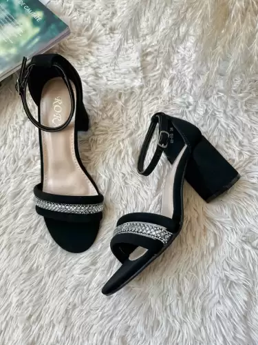 Sandale dama cu toc gros negre piele intoarsa GH115 T4-3