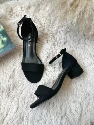 Sandale dama cu toc gros negre piele intoarsa  GQ09    T54-3