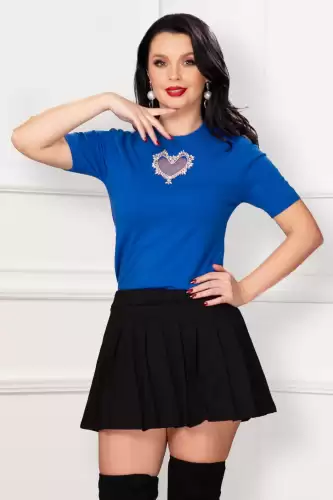 Top albastru royal din tricot fin cu inima din strassuri
