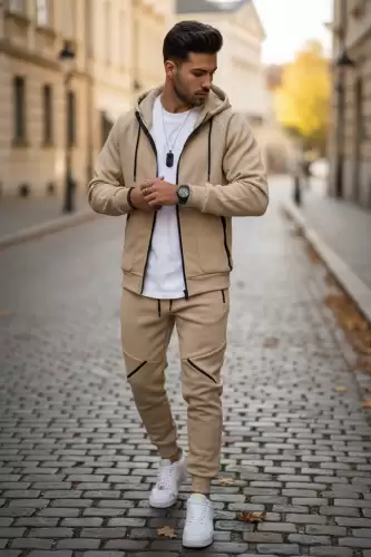 Trening barbati slim fit bej  Pantaloni + Hanorac  vatuit   5057 D8-1