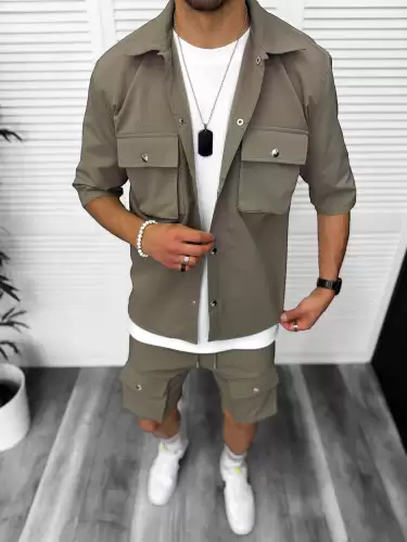 Trening barbati slim fit kaki pantaloni scurti + camasa 6050a D2-1.4
