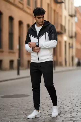 Trening barbati slim fit negru cu alb   Pantaloni + Hanorac RM08  i4-4.1