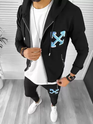 Trening barbati slim fit negru cu albastru  Pantaloni + Hanorac 12931 D8