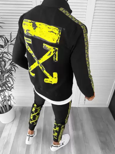 Trening barbati slim fit negru cu galben Pantaloni + Hanorac 12931 I14-4