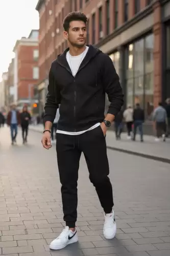 Trening barbati slim fit negru  Pantaloni + Hanorac 5031 i10-2