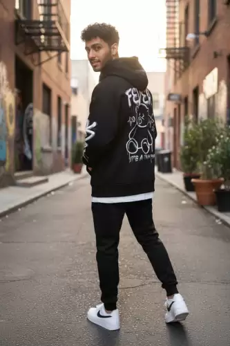 Trening barbati slim fit negru Pantaloni + Hanorac vatuit RM57 i17-1.1