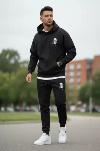 Trening barbati slim fit negru  Pantaloni + Hanorac  vatuit  RM58  i15-4