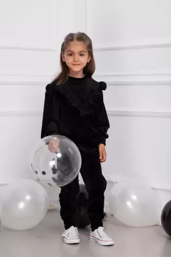 Trening copii din catifea Erica negru cu volan cret