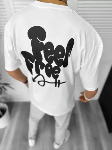 Tricou barbati alb cu imprimeu pe spate oversize 11816 22A-4.2