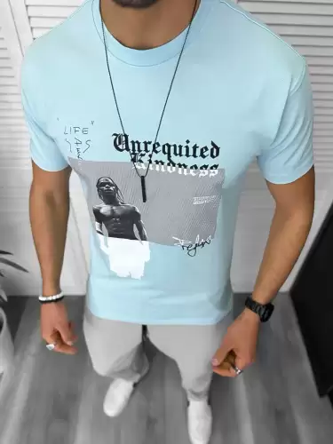 Tricou barbati albastru cu imprimeu slim Y205 22A-4.2