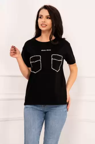 Tricou casual negru cu buzunare decorative din strass