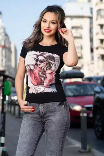 Tricou casual negru cu imprimeu coffe time